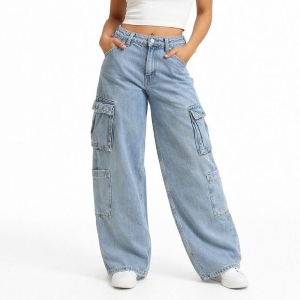 Old Navy Cargo Jeans Womens 18 Blue Baggy Wide Leg Drapey Denim Y2K 90s